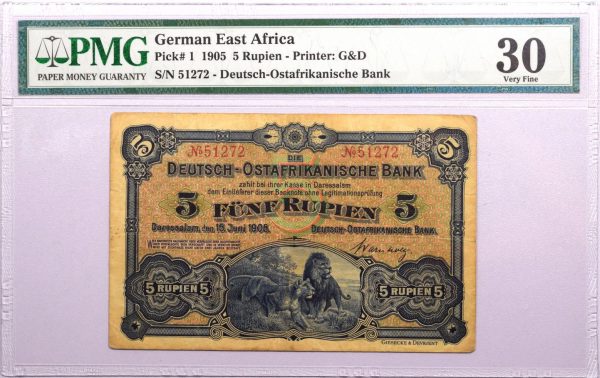 German East Africa Χαρτονόμισμα 5 Rupees 1905 PMG VF30 Rare