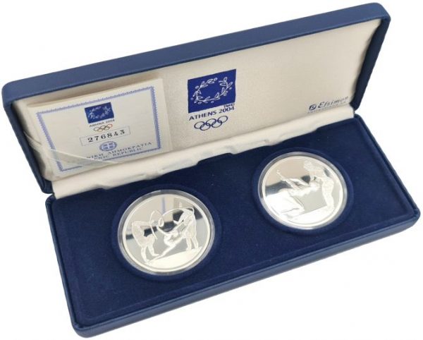 Σετ Δύο Ασημένιων Νομισμάτων 10 Ευρώ Αθήνα 2004 Με Κουτί