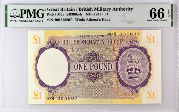 British Military Authority 1 Pound 1943 Block R Greece PMG 66EPQ