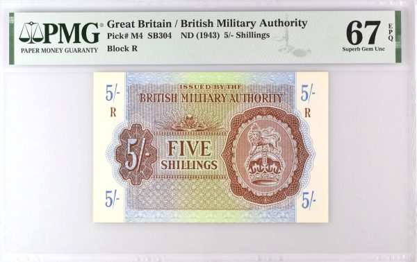 British Military Authority 5 Shillings 1943 PMG 67EPQ