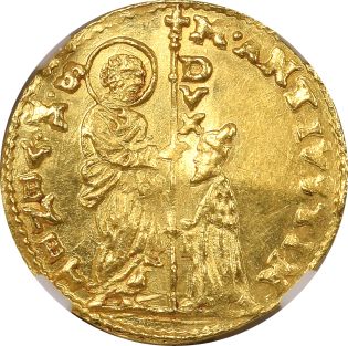 Italy Venice Gold Zecchino Marcantonio Giustinian 1684-1688 NGC UNC Details