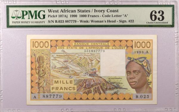 West African States Ivory Coast 1000 Francs 1990 PMG 63