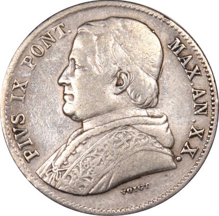 Ιταλία Italy Papal States 20 Baiocchi 1865 Silver Coin