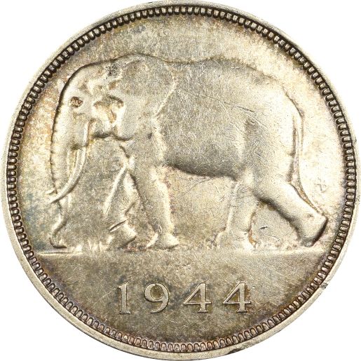 Belgium Congo Silver 50 Francs 1944 Elephant