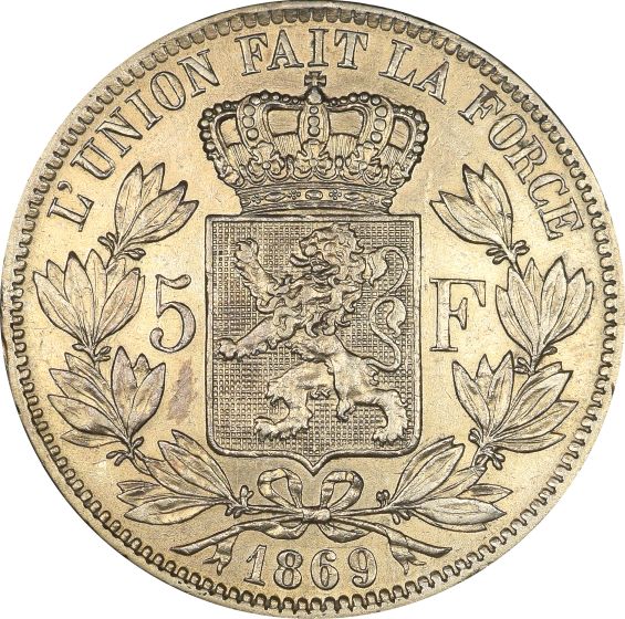 Belgium 5 Francs Silver 1869 Leopold II High Grade