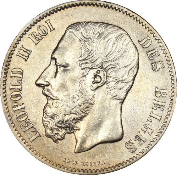 Belgium 5 Francs Silver 1869 Leopold II High Grade
