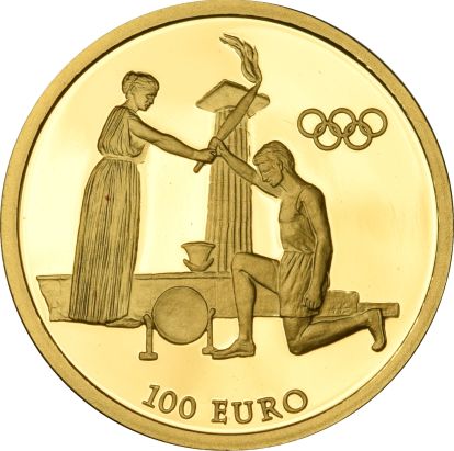 Ολυμπιακοί Αγώνες Αθήνα 2004 Χρυσό Νόμισμα 100 Ευρώ Αφή Φλόγας
