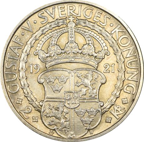 Σουηδία Sweden 2 Kroner 1921 Silver Gustaf V Uncirculated