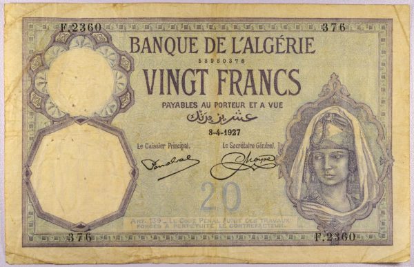 Χαρτονόμισμα Αλγερία Bank Of Algeria 20 Francs 1927