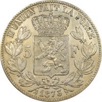 Belgium 5 Francs Silver 1873 Leopold II High Grade