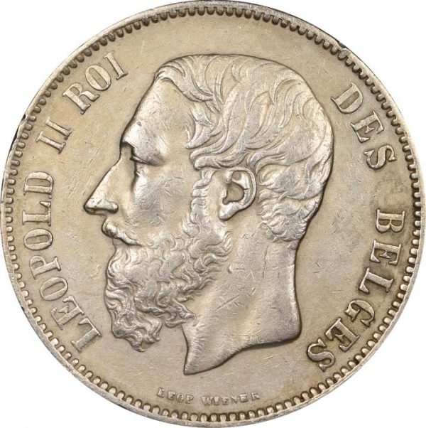 Belgium 5 Francs Silver 1873 Leopold II High Grade