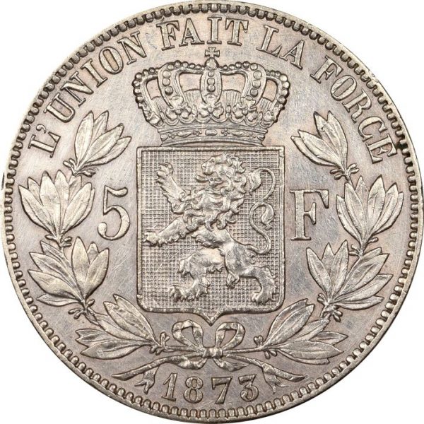 Belgium 5 Francs Silver 1873 Leopold II High Grade
