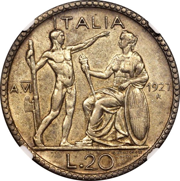 Ιταλία Italy Silver 20 Lire 1927 R NGC AU Details