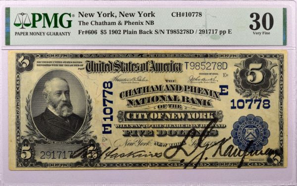 United States Of America 5 Dollars 1902 Chatham & Phenix Bank PMG 30