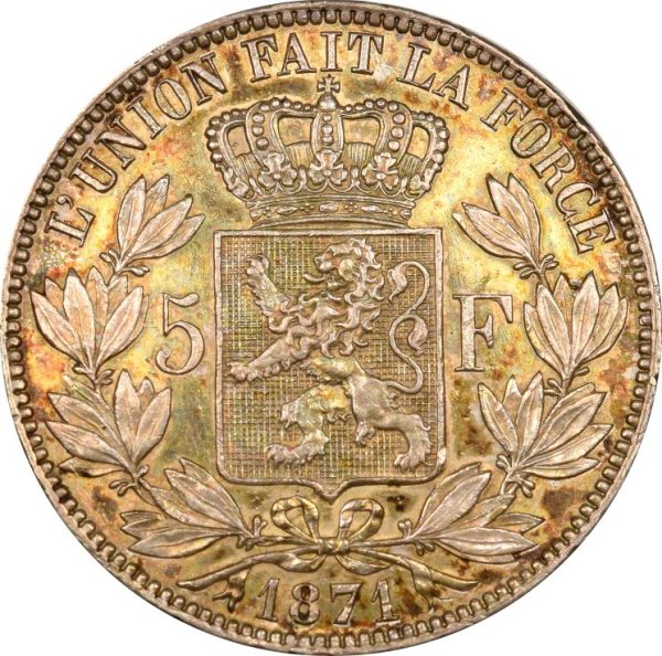 Belgium 5 Francs Silver 1871 Leopold II High Grade