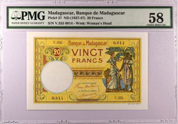 Χαρτονόμισμα Μαδαγασκάρη Banknote Madagascar 20 Francs 1937-47 PMG 58