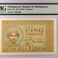 Χαρτονόμισμα Μαδαγασκάρη Banknote Madagascar 5 Francs 1937 PMG 64