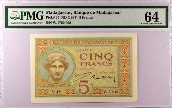 Χαρτονόμισμα Μαδαγασκάρη Banknote Madagascar 5 Francs 1937 PMG 64