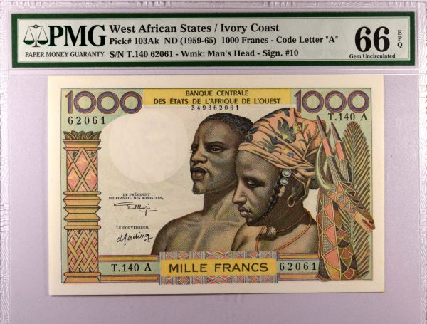 Χαρτονόμισμα Δυτική Αφρική Banknote West African States Ivory Coast 1000 Francs 1959-65 PMG 66EPQ