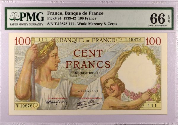 Χαρτονόμισμα Γαλλία Banknote France 100 Francs 1939-42 PMG 66EPQ