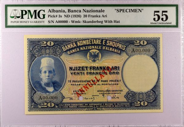 Χαρτονόμισμα Αλβανία Banknote Albania 20 Franka Ari 1926 PMG 55 Specimen
