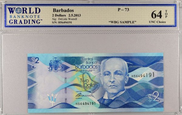 Χαρτονόμισμα Μπαρμπάντος Banknote Barbados 2 Dollars 2013 WBG 64TOP