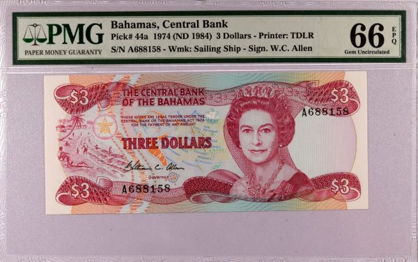 Χαρτονόμισμα Μπαχάμες Banknote Bahamas 3 Dollars 1984 PMG 66EPQ