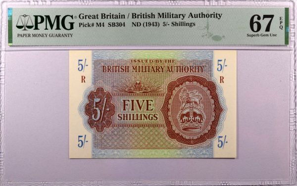 British Military Authority 5 Shillings 1943 PMG 67EPQ Block R Greece
