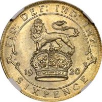 Βρετανία Great Britain Silver Sixpence 1920 NGC MS65 Narrow Rim