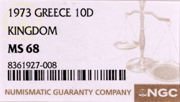 Ελλάδα Νόμισμα Κωνσταντίνος Β 10 Δραχμές 1973Α NGC MS68 Top Grade - Image 3