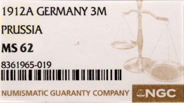 Germany Prussia 3 Mark 1912 A Silver Wilhelm II NGC MS62 - Image 3