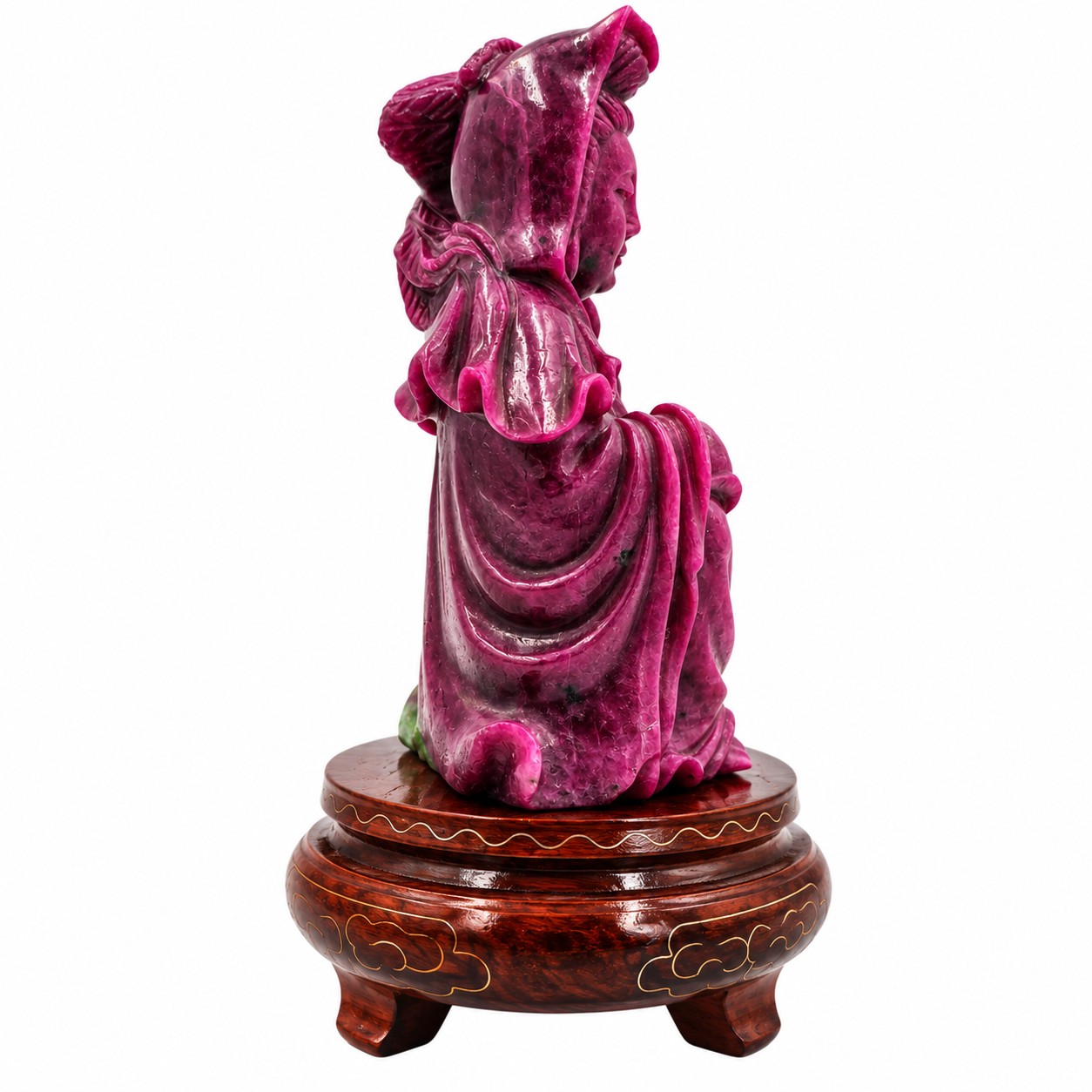 Hand-Carved Ruby Zoisite Guanyin (Kwan Yin) Statue on Decorative Wooden Stand - Image 4