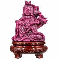 Hand-Carved Ruby Zoisite Guanyin (Kwan Yin) Statue on Decorative Wooden Stand