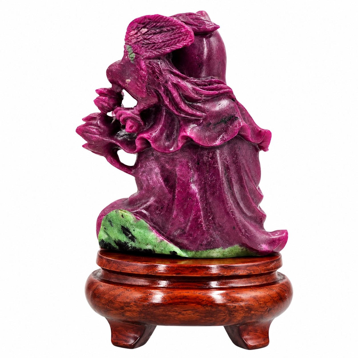 Hand-Carved Ruby Zoisite Guanyin (Kwan Yin) Statue on Decorative Wooden Stand - Image 3