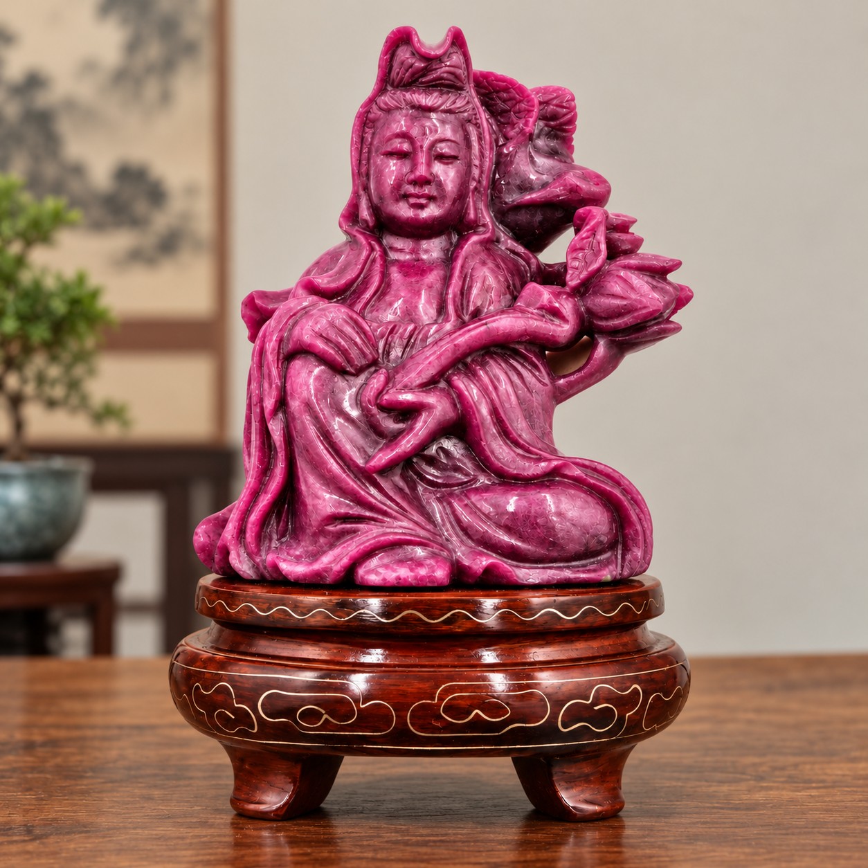 Hand-Carved Ruby Zoisite Guanyin (Kwan Yin)