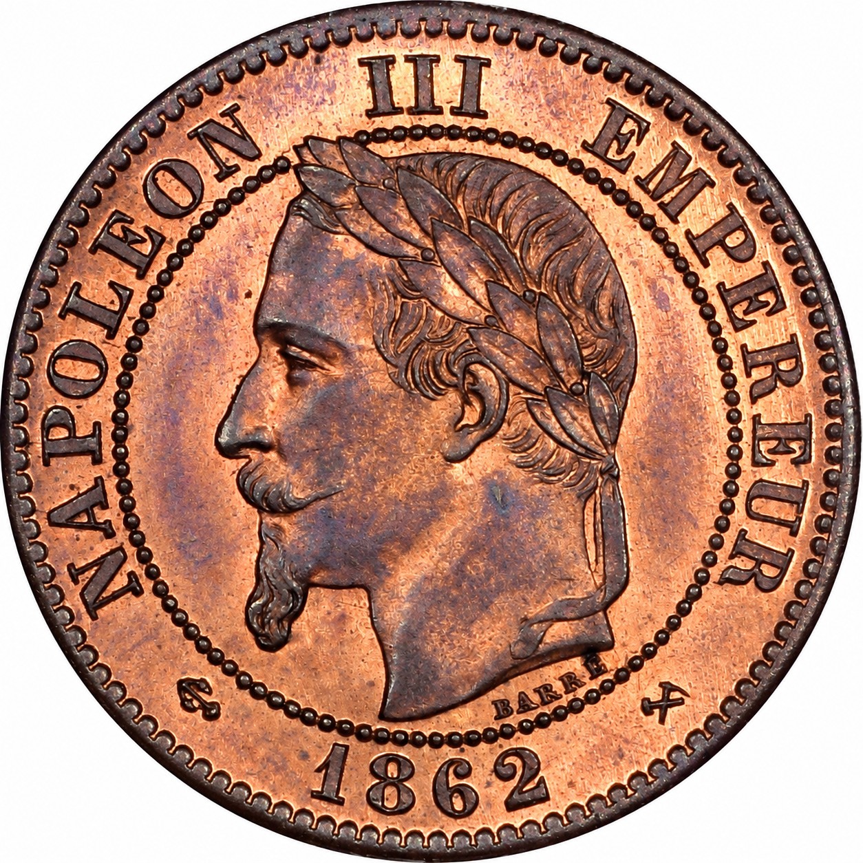 Γαλλία France 2 Centimes 1862 Bordeaux Mint Napoleon III NGC MS64+RB
